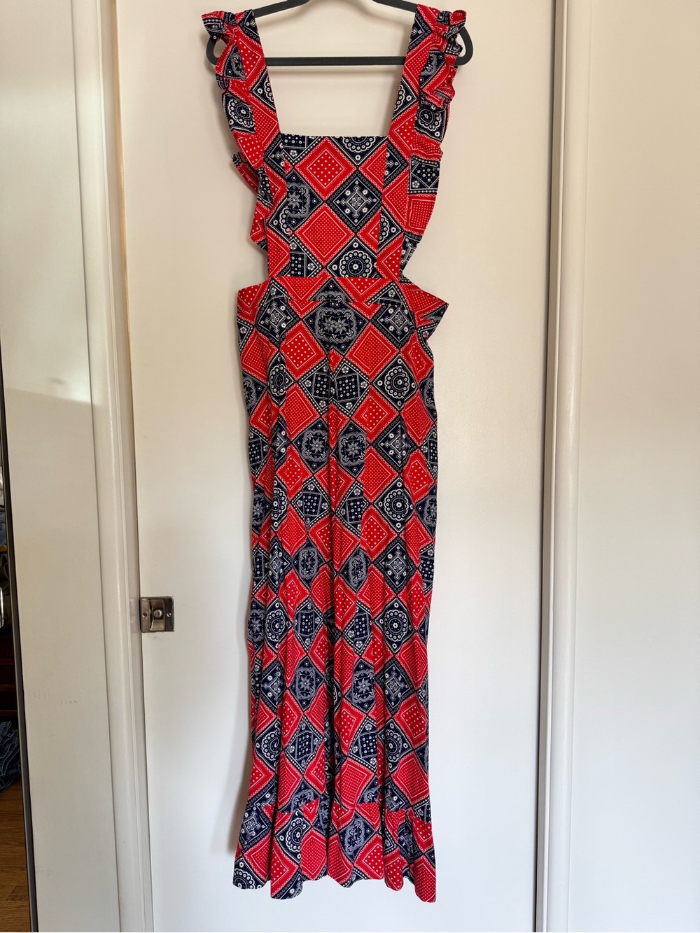 Vintage Red & Navy Diamond Print Backless Maxi Dress